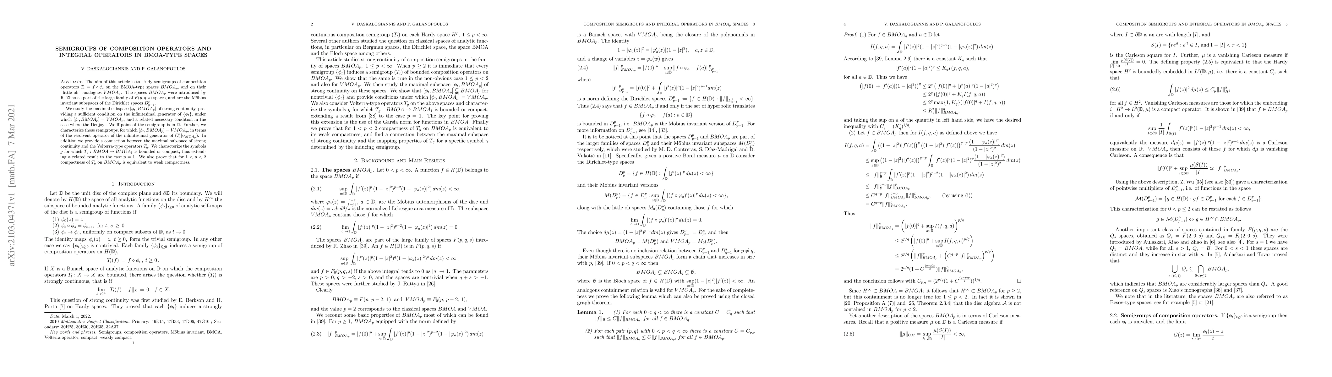 Thumbnail for Semigroups of composition operators and Integral operators in BMOA-type
  spaces