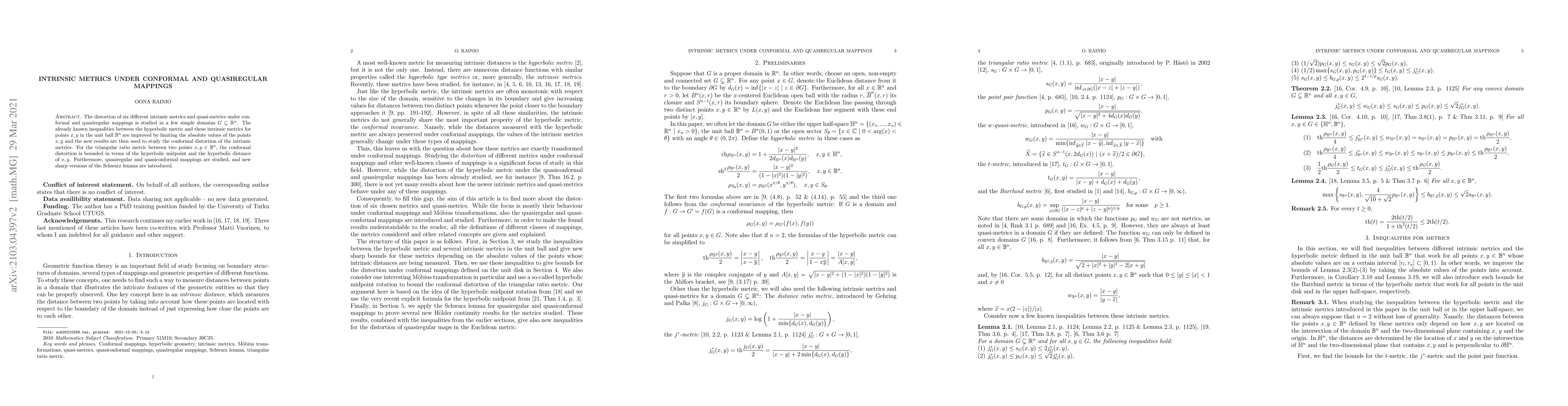 Thumbnail for Intrinsic metrics under conformal and quasiregular mappings
