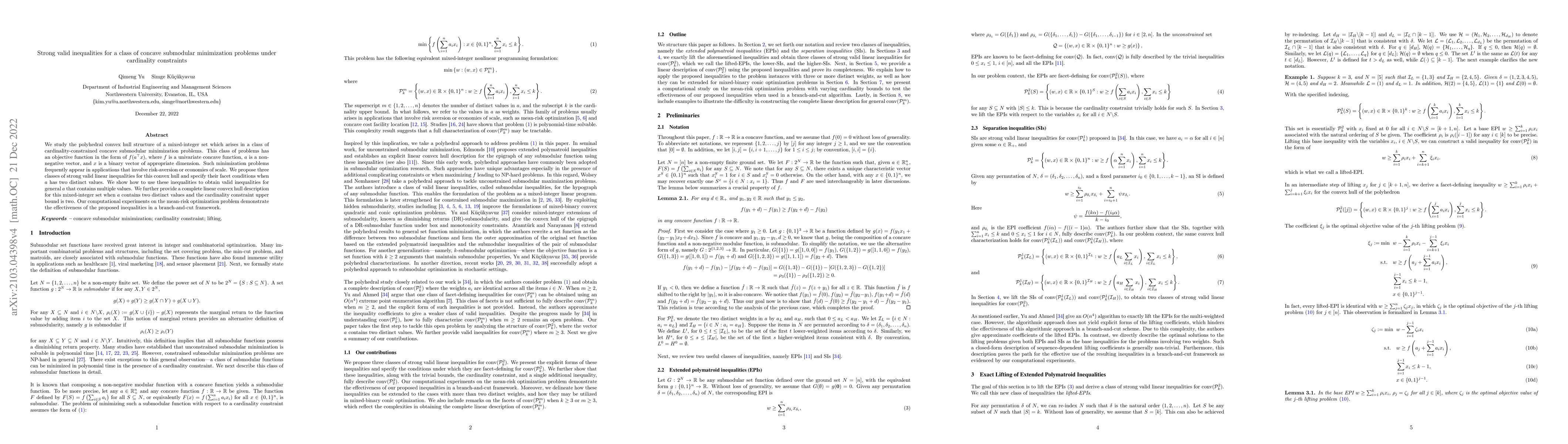 Thumbnail for Strong valid inequalities for a class of concave submodular minimization
  problems under cardinality constraints