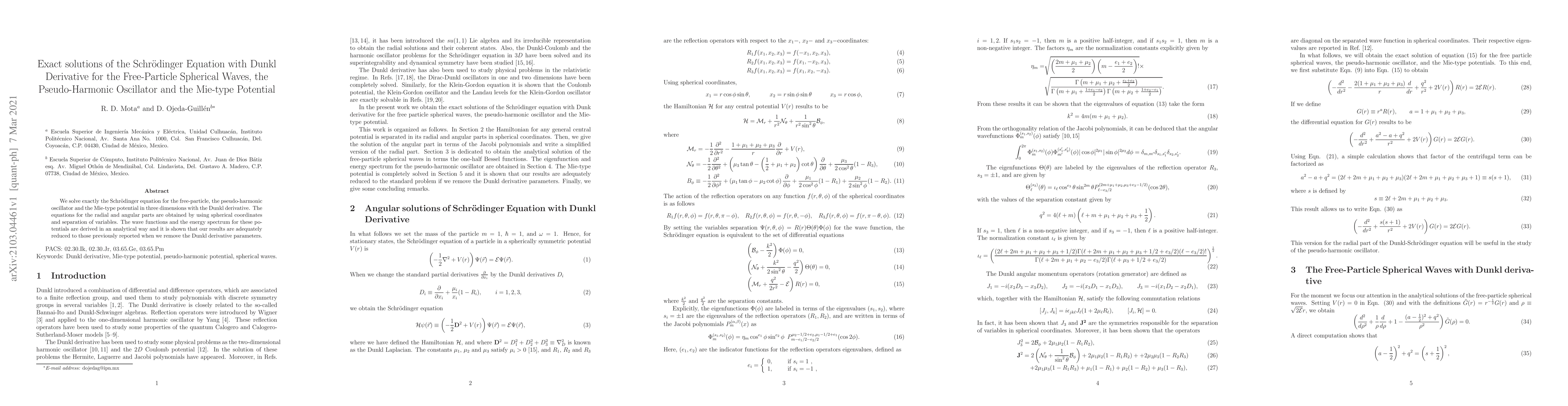 Thumbnail for Exact solutions of the Schr\"odinger Equation with Dunkl Derivative for
  the Free-Particle Spherical Waves, the Pseudo-Harmonic Oscillator and the
  Mie-type Potential