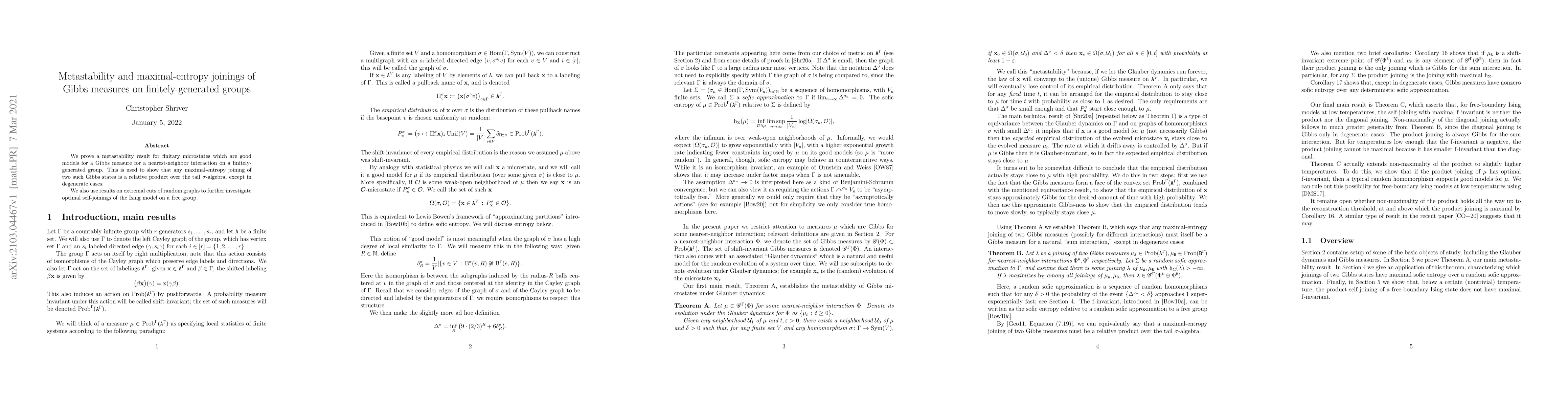 Thumbnail for Metastability and maximal-entropy joinings of Gibbs measures on
  finitely-generated groups
