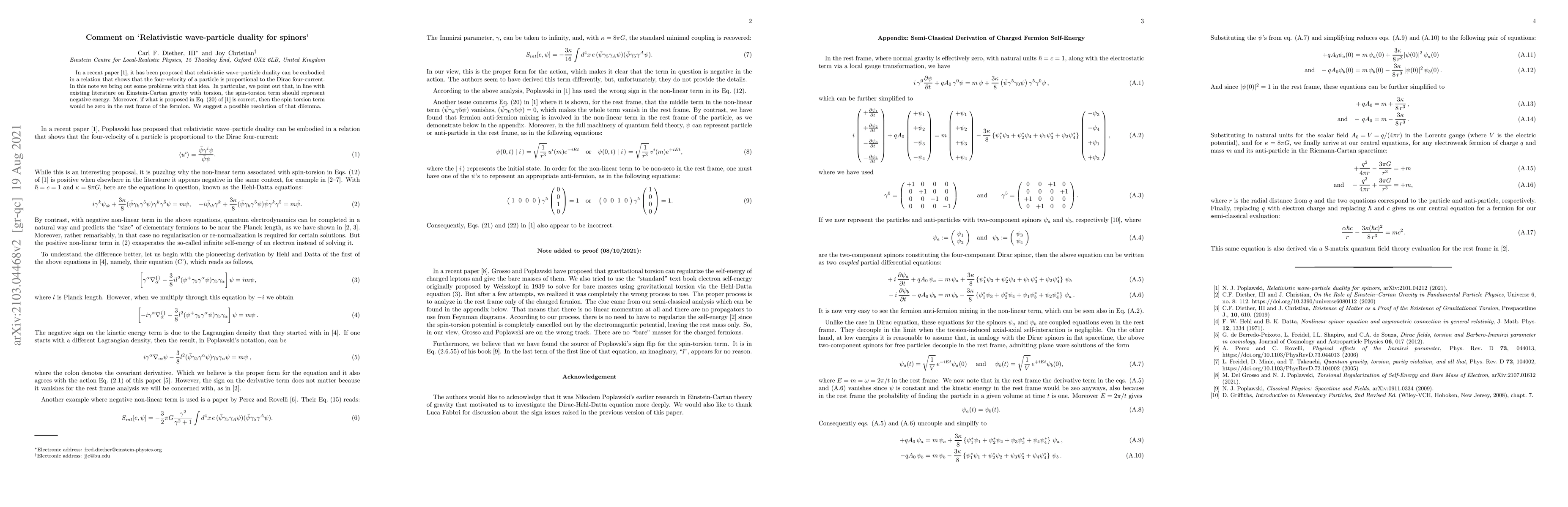 Thumbnail for Comment on `Relativistic wave-particle duality for spinors'
