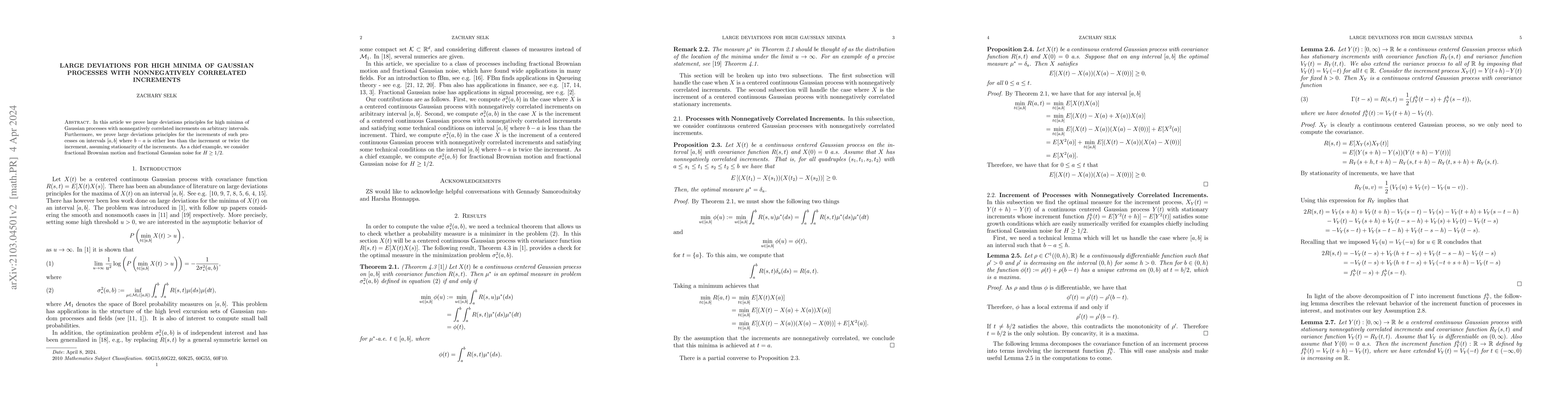 Thumbnail for Large Deviations for High Minima of Gaussian Processes with
  Nonnegatively Correlated Increments