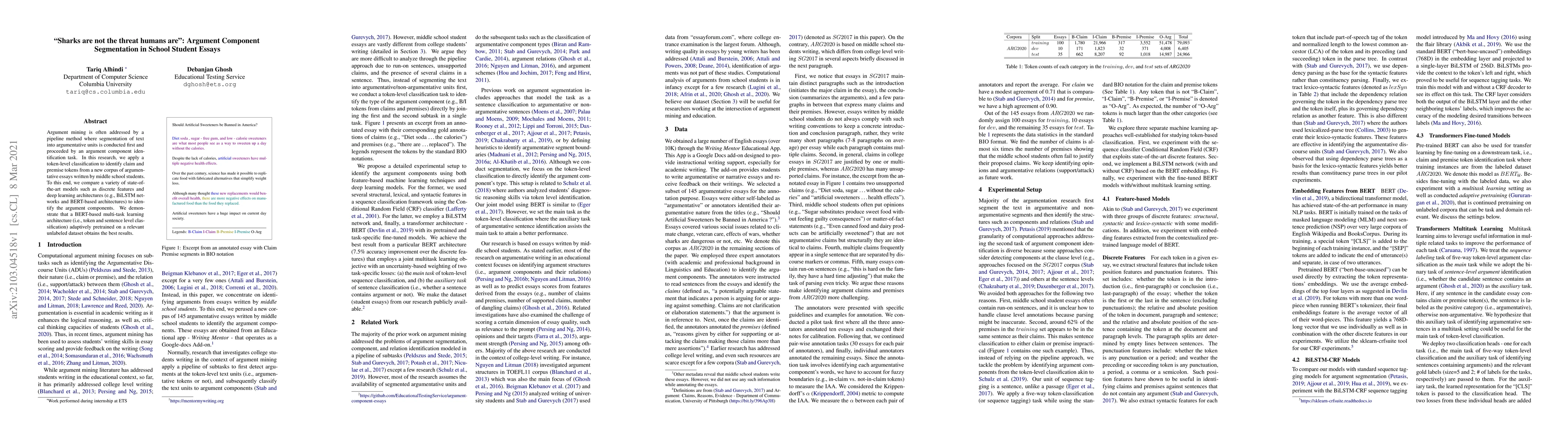 Thumbnail for "Sharks are not the threat humans are": Argument Component Segmentation
  in School Student Essays
