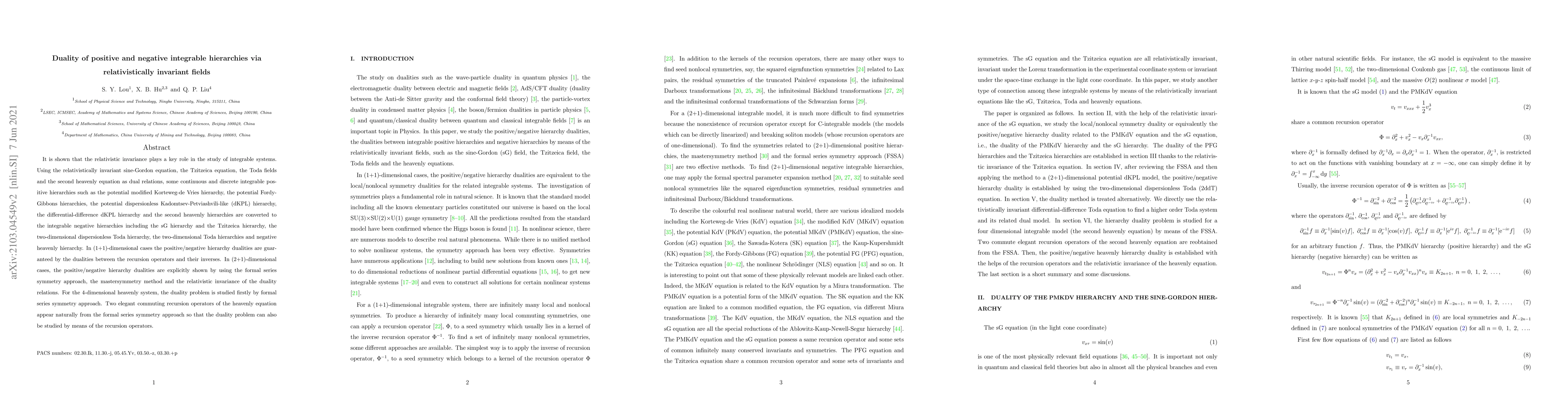 Thumbnail for Duality of positive and negative integrable hierarchies via
  relativistically invariant fields
