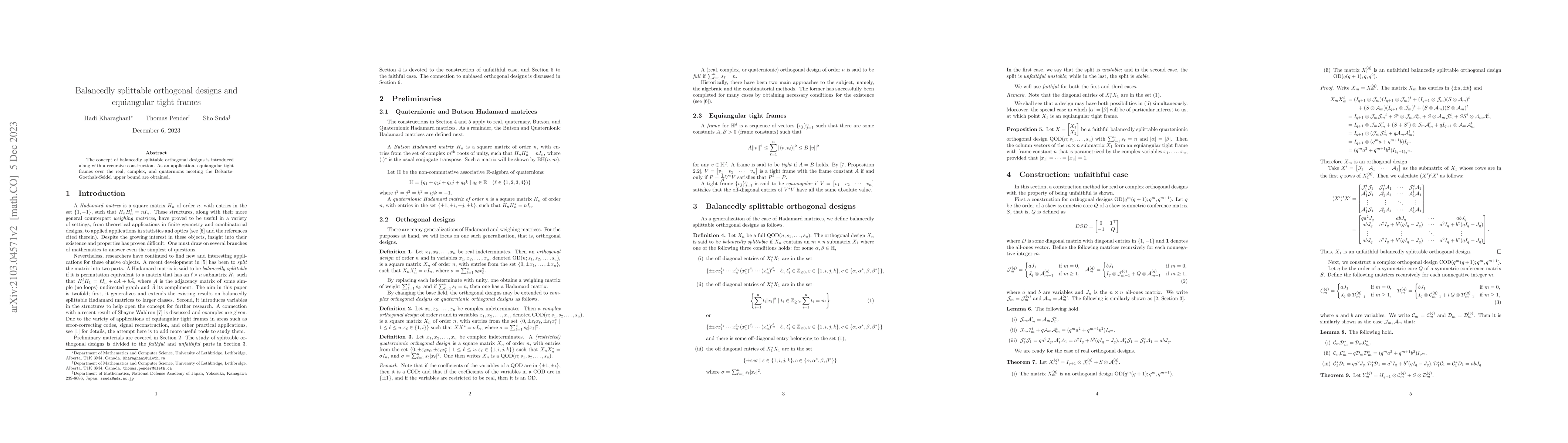 Thumbnail for Balancedly splittable orthogonal designs and equiangular tight frames