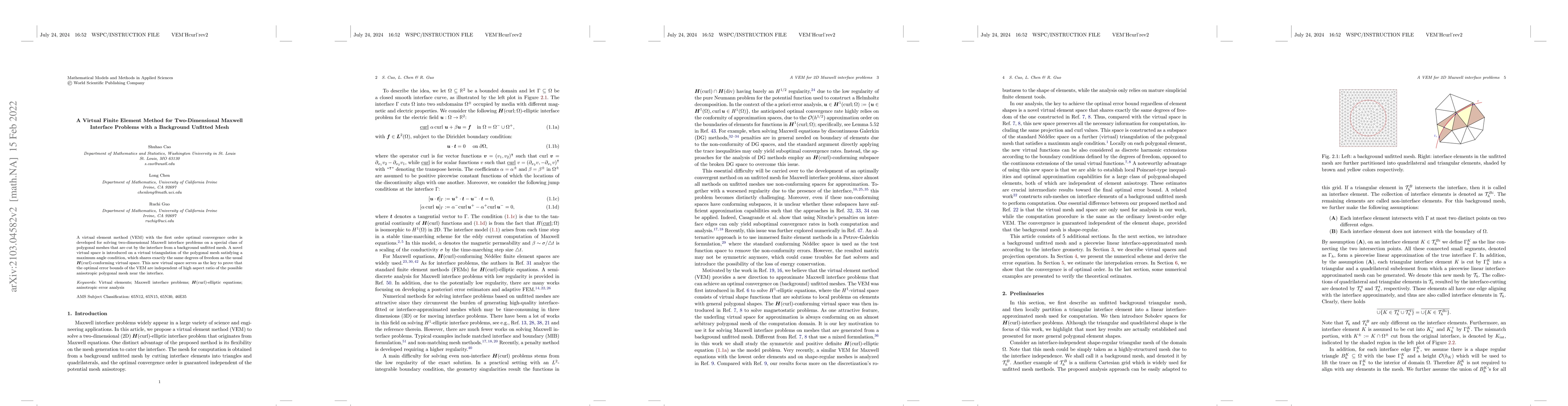 Thumbnail for A Virtual Finite Element Method for Two Dimensional Maxwell Interface
  Problems with a Background Unfitted Mesh