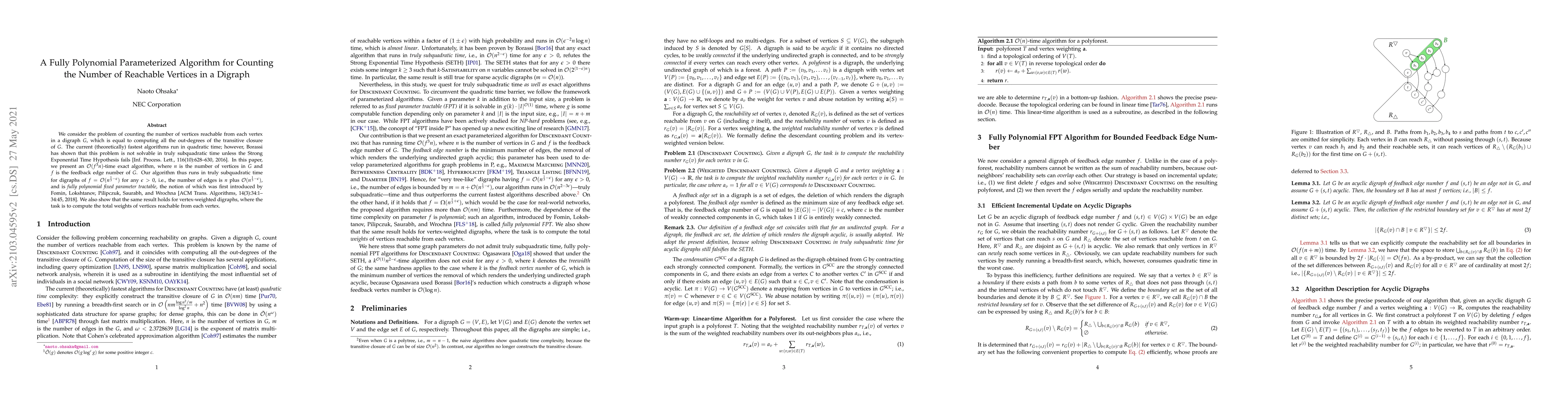 Thumbnail for A Fully Polynomial Parameterized Algorithm for Counting the Number of
  Reachable Vertices in a Digraph