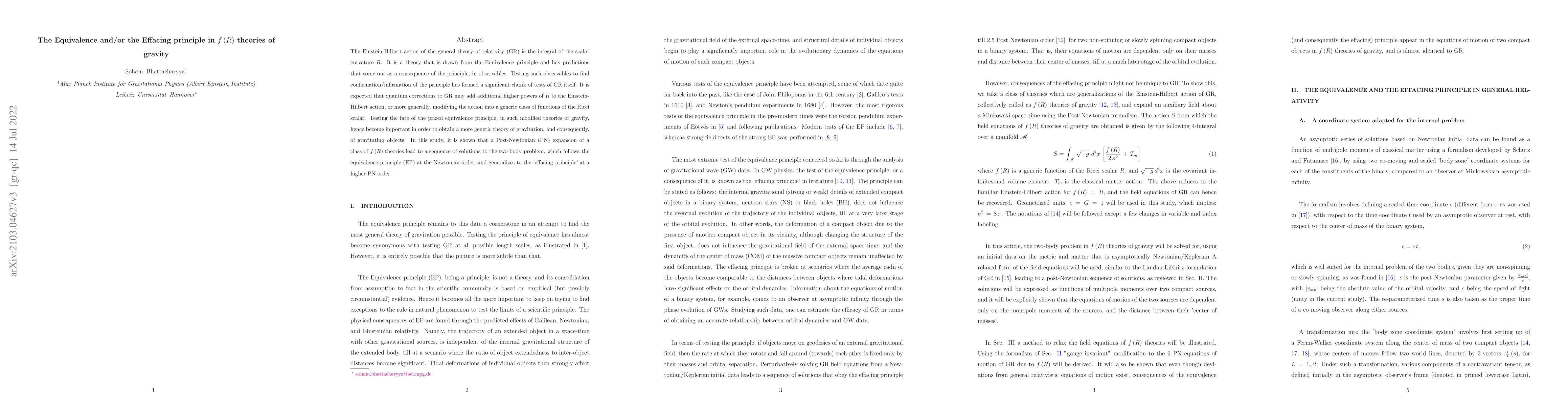 Thumbnail for The Equivalence and/or the Effacing principle in $ f\left(R\right) $
  theories of gravity