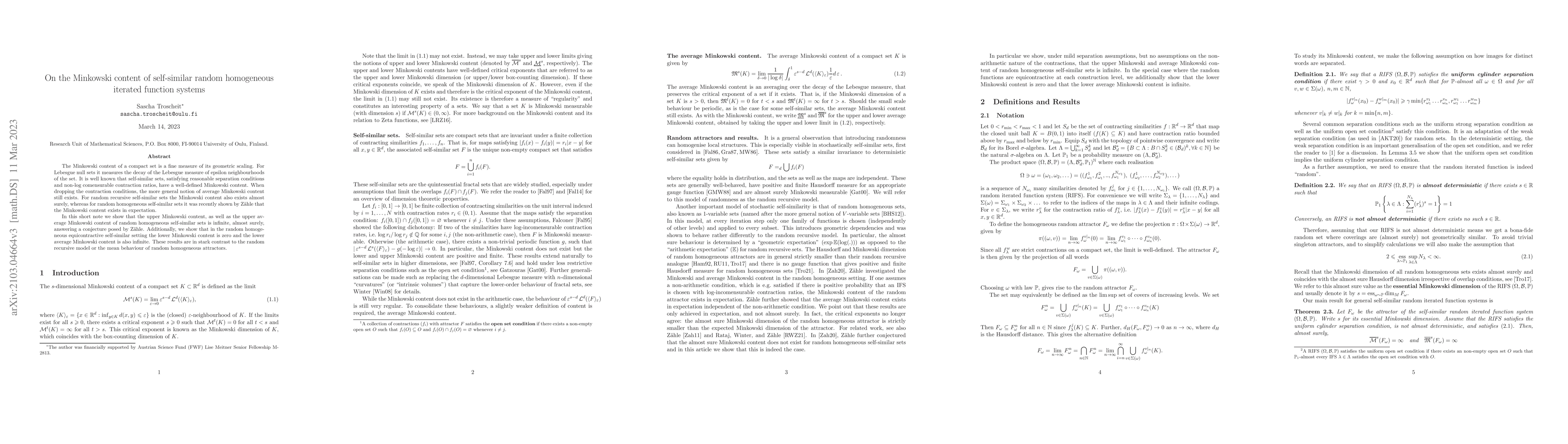 Thumbnail for On the Minkowski content of self-similar random homogeneous iterated
  function systems