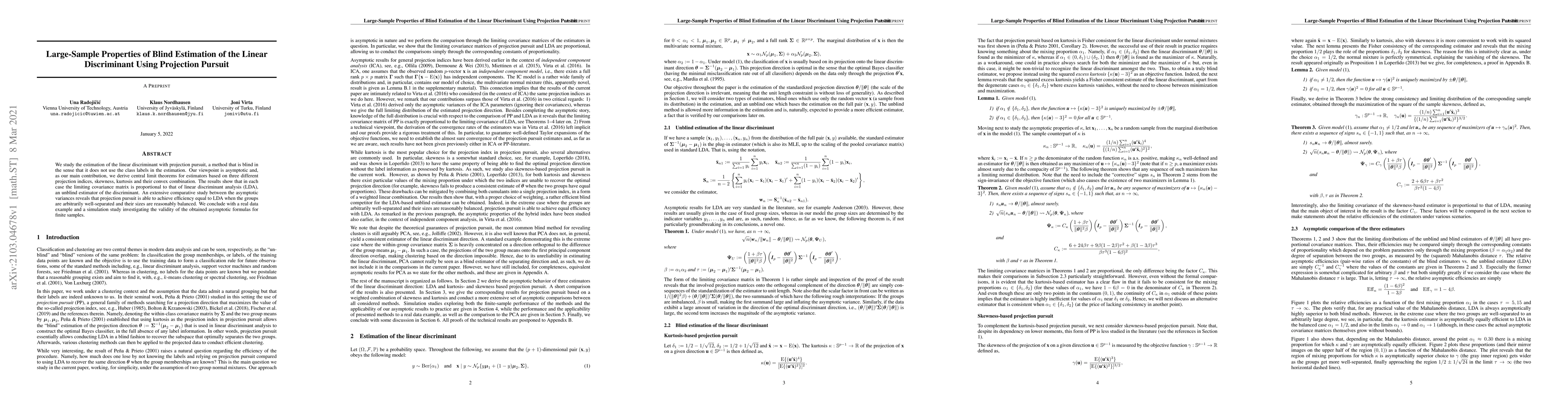 Thumbnail for Large-Sample Properties of Blind Estimation of the Linear Discriminant
  Using Projection Pursuit