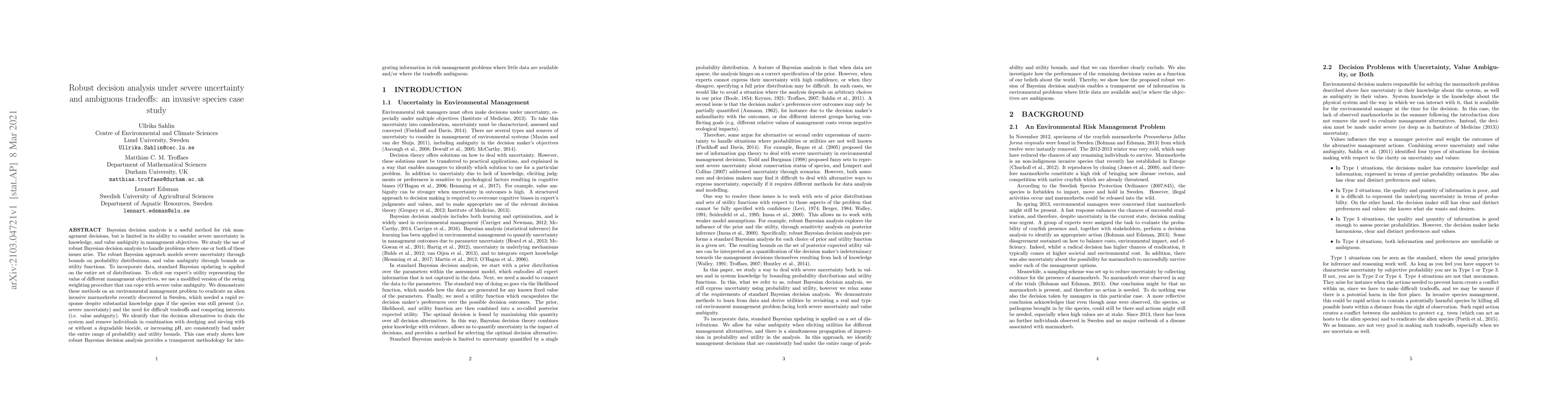 Thumbnail for Robust decision analysis under severe uncertainty and ambiguous
  tradeoffs: an invasive species case study