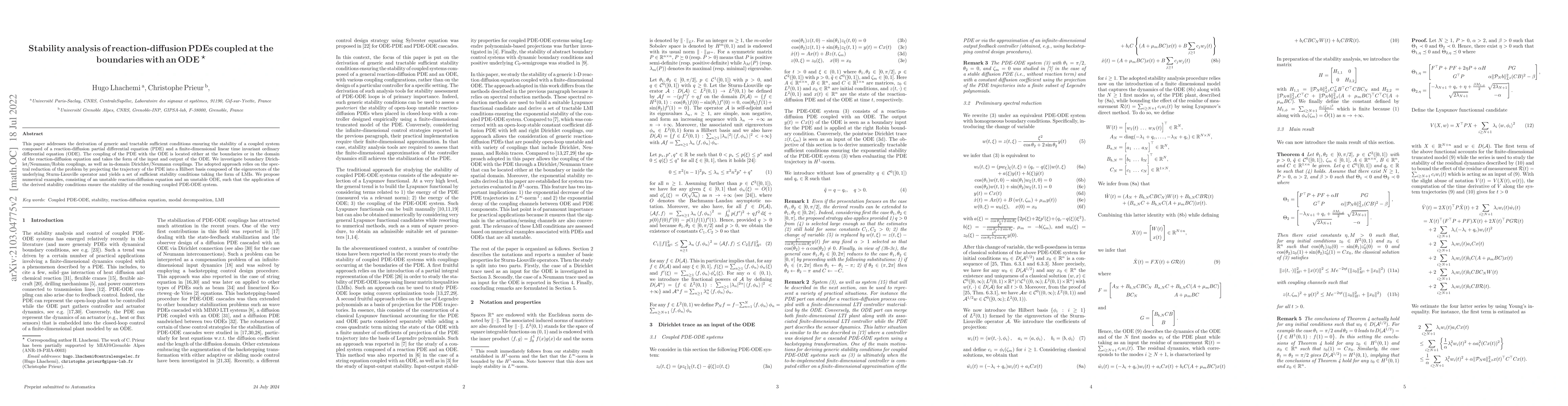 Thumbnail for Stability analysis of reaction-diffusion PDEs coupled at the boundaries
  with an ODE