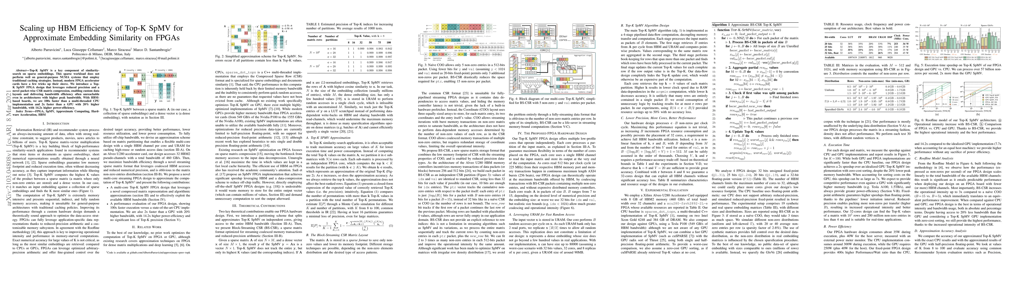Thumbnail for Scaling up HBM Efficiency of Top-K SpMV for Approximate Embedding
  Similarity on FPGAs