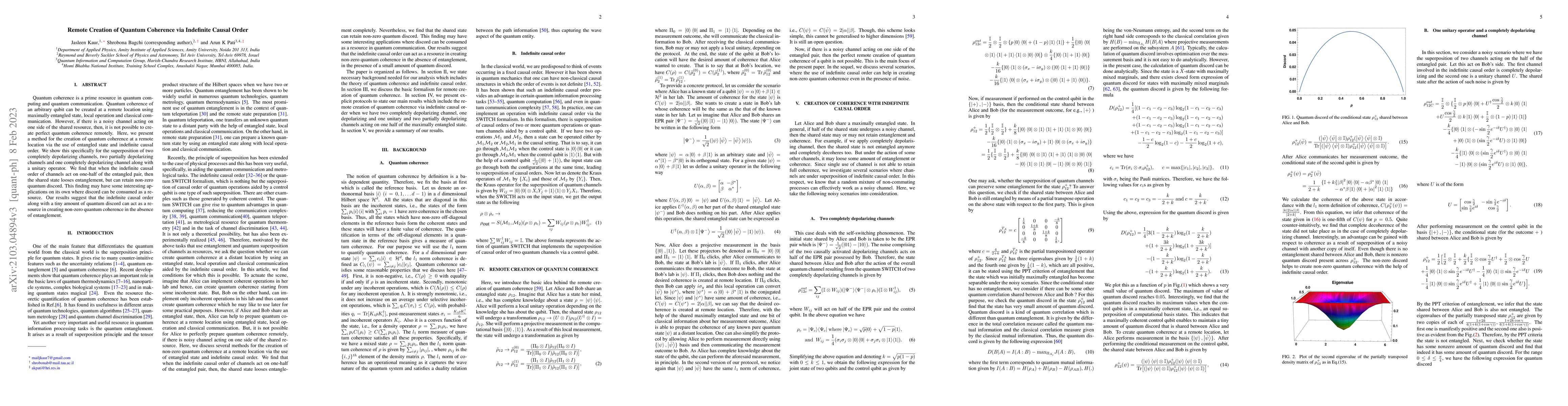 Thumbnail for Remote Creation of Quantum Coherence via Indefinite Causal Order