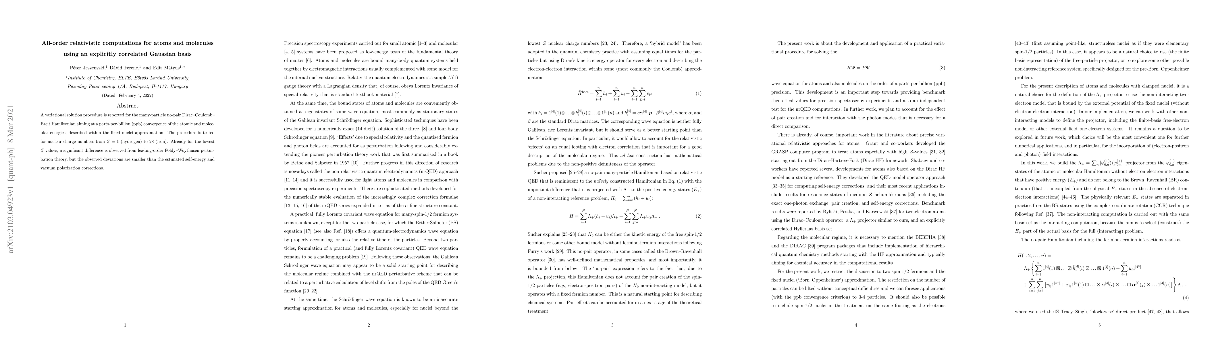 Thumbnail for All-order relativistic computations for atoms and molecules using an
  explicitly correlated Gaussian basis