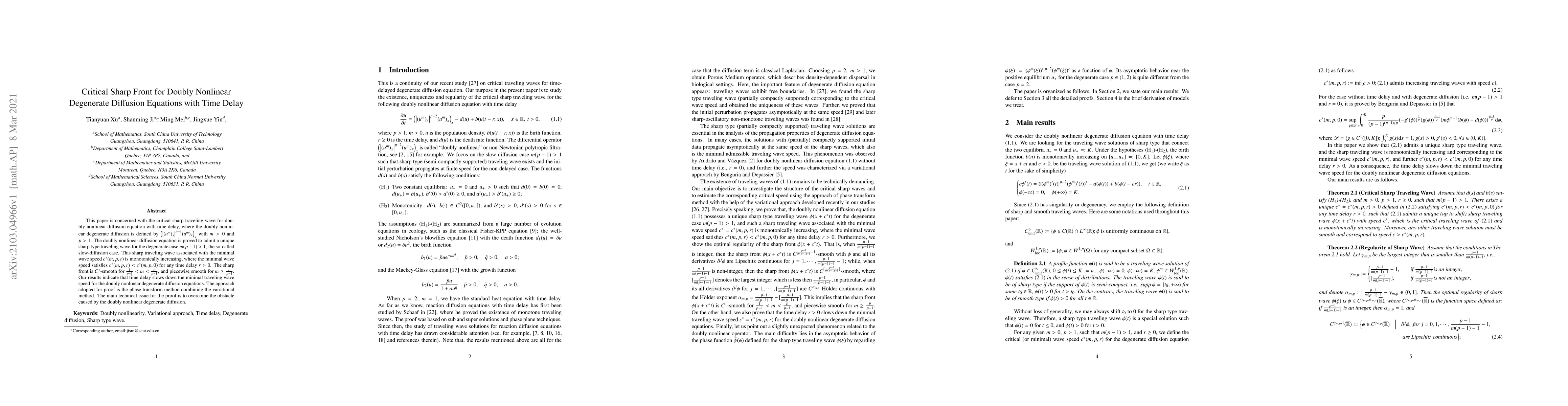 Thumbnail for Critical Sharp Front for Doubly Nonlinear Degenerate Diffusion Equations
  with Time Delay