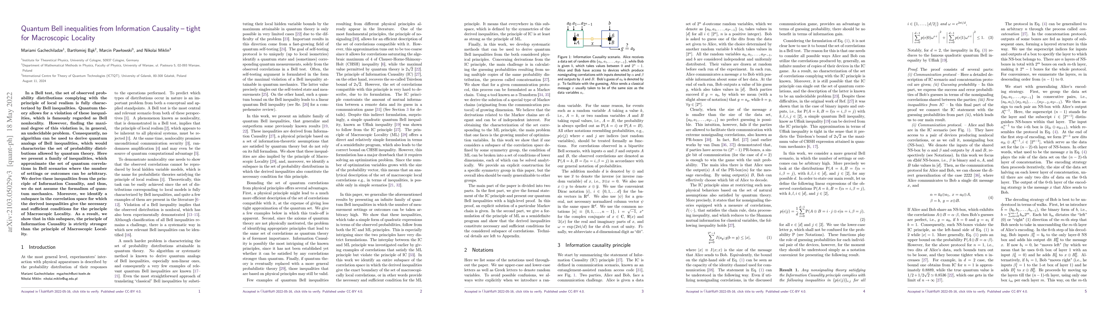 Thumbnail for Quantum Bell inequalities from Information Causality -- tight for
  Macroscopic Locality