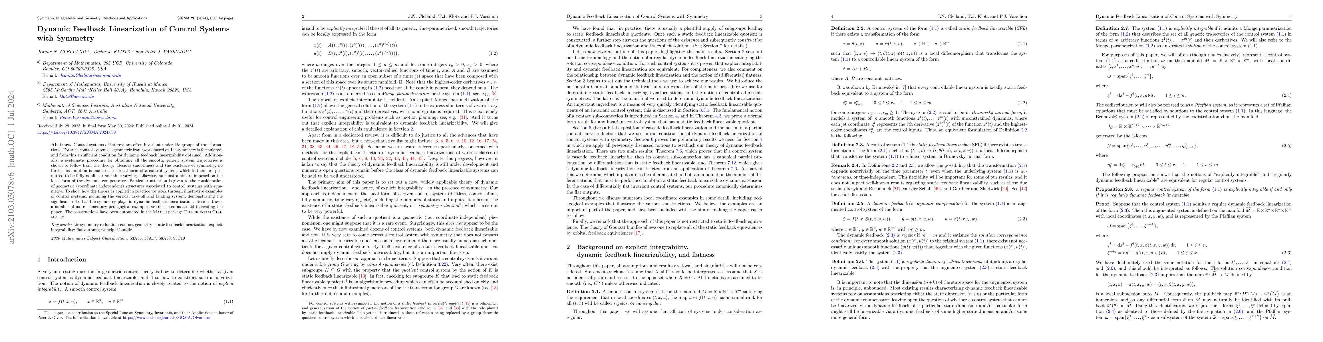 Thumbnail for Dynamic Feedback Linearization of Control Systems with Symmetry