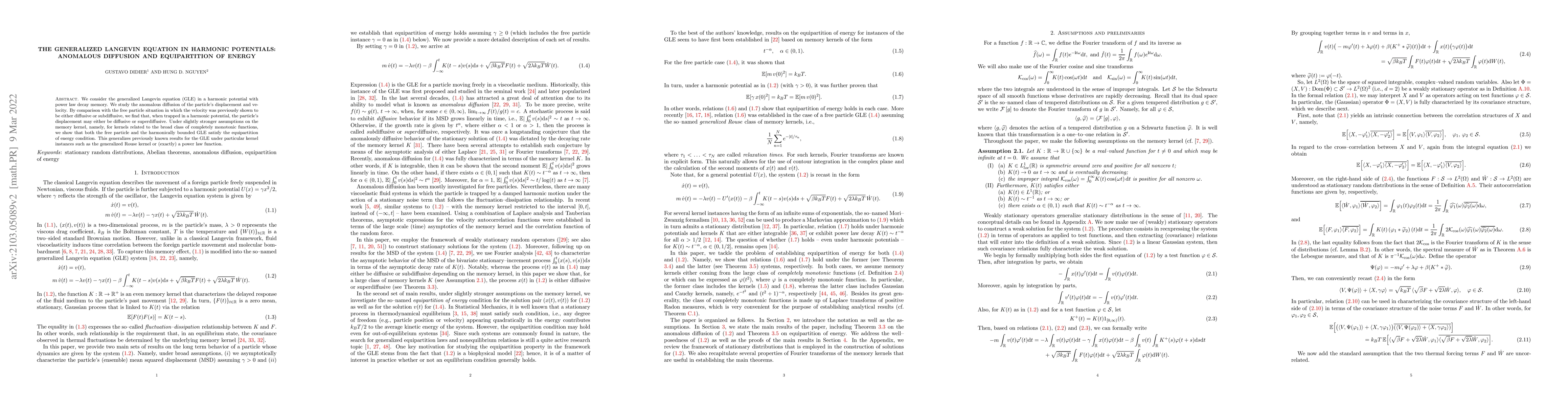 Thumbnail for The generalized Langevin equation in harmonic potentials: Anomalous
  diffusion and equipartition of energy