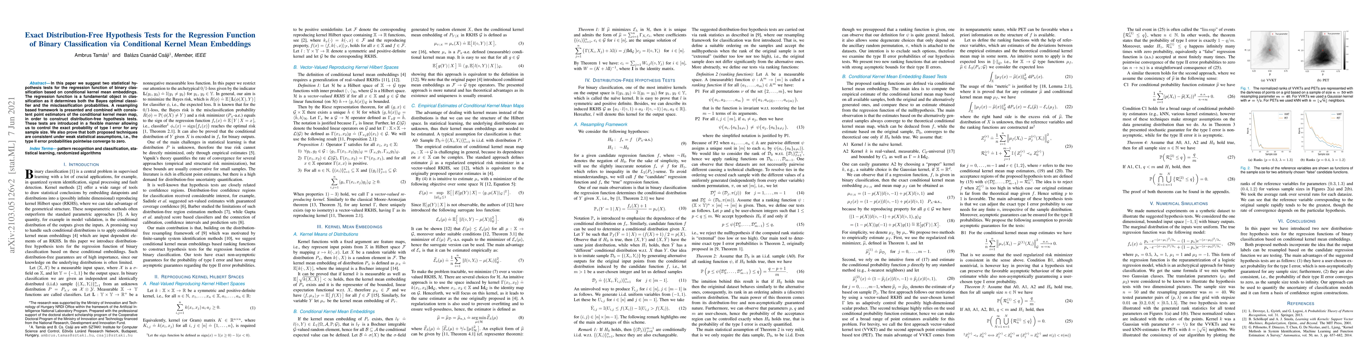 Thumbnail for Exact Distribution-Free Hypothesis Tests for the Regression Function of
  Binary Classification via Conditional Kernel Mean Embeddings