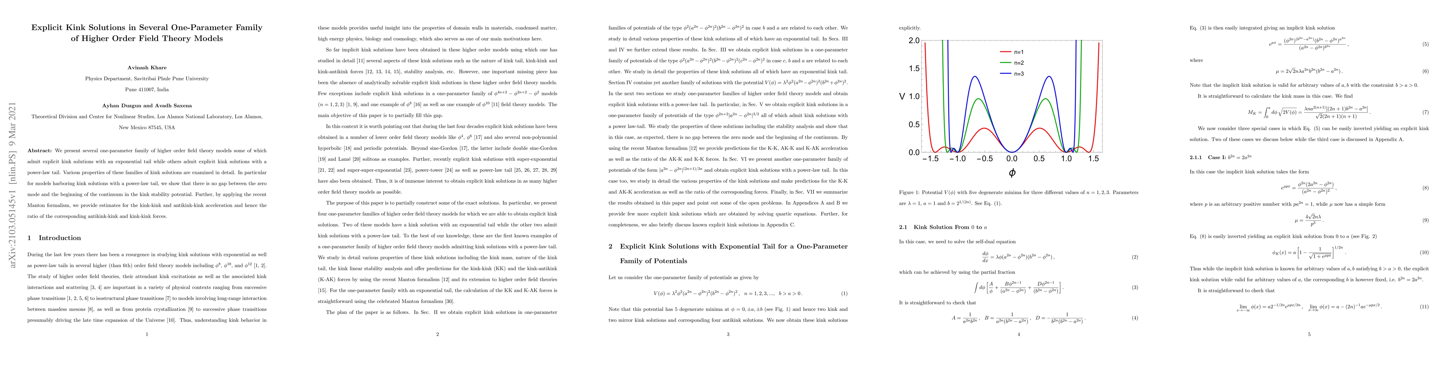 Thumbnail for Explicit Kink Solutions in Several One-Parameter Family of Higher Order
  Field Theory Models