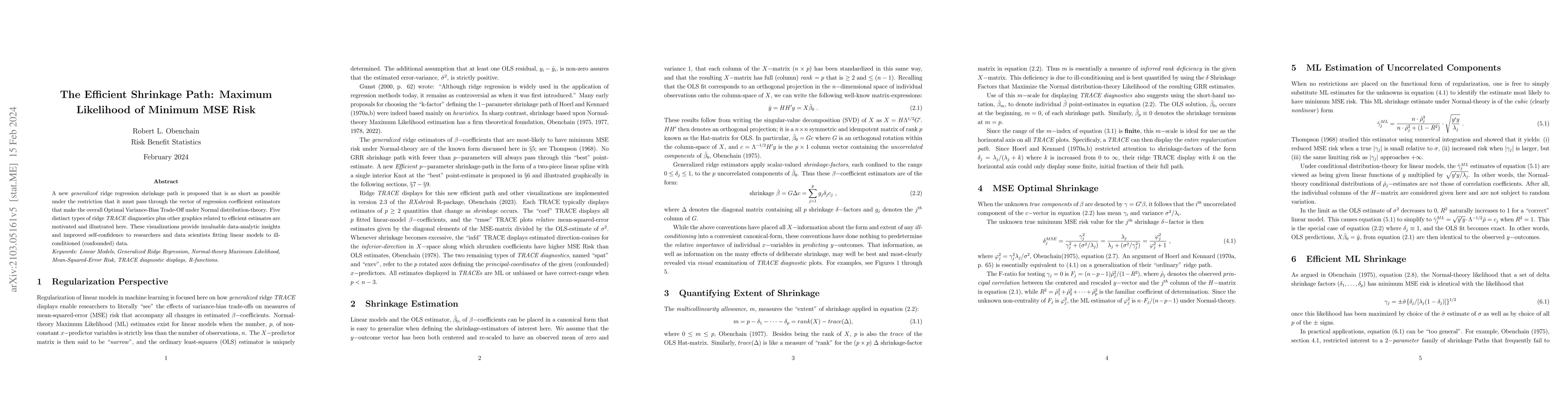 Thumbnail for The Efficient Shrinkage Path: Maximum Likelihood of Minimum MSE Risk