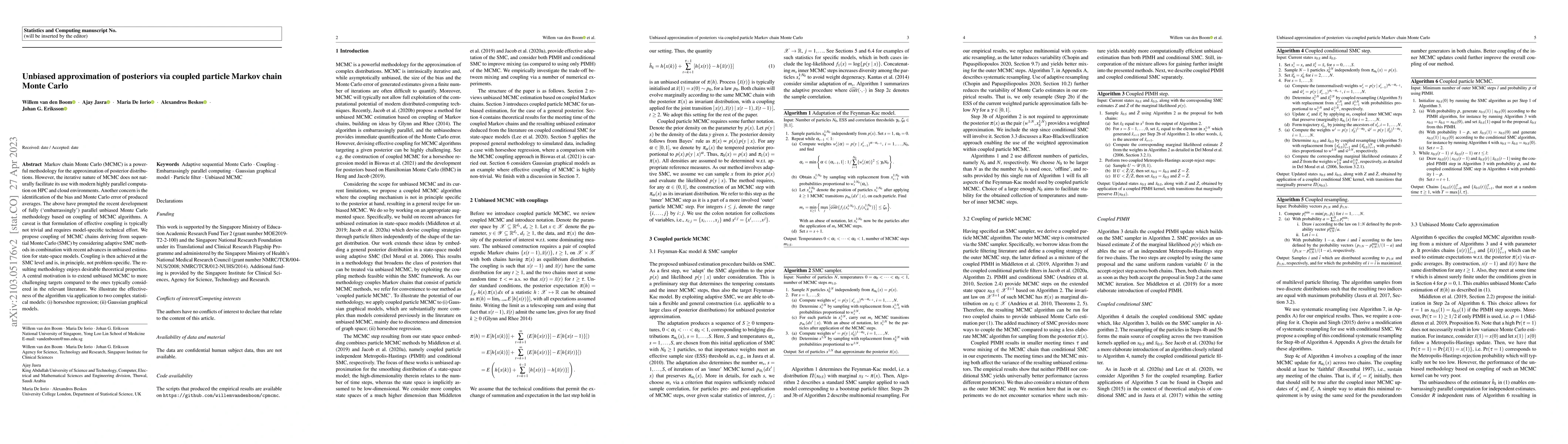 Thumbnail for Unbiased approximation of posteriors via coupled particle Markov chain
  Monte Carlo
