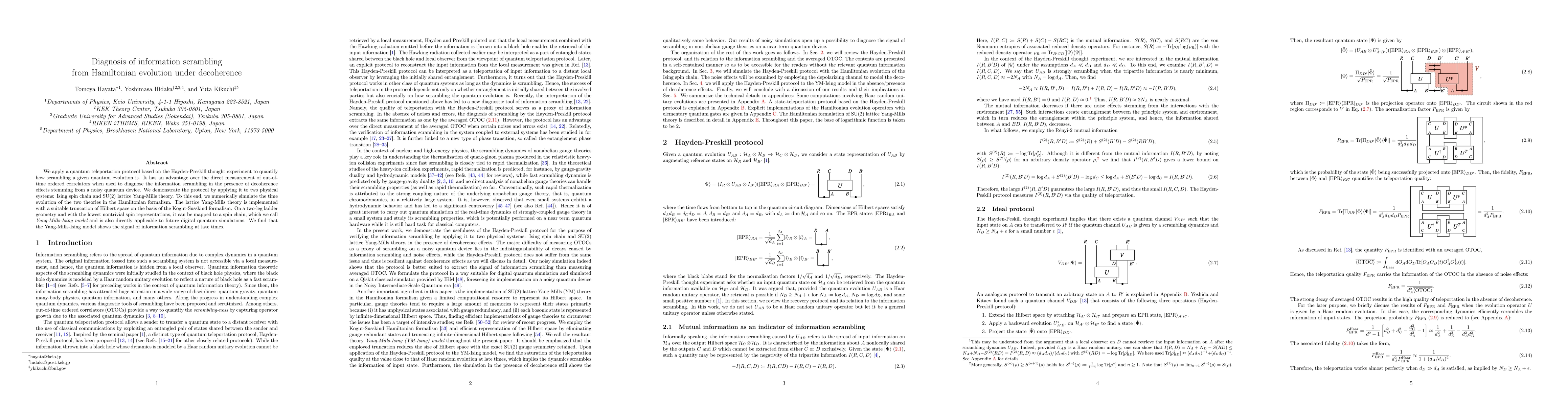 Thumbnail for Diagnosis of information scrambling from Hamiltonian evolution under
  decoherence