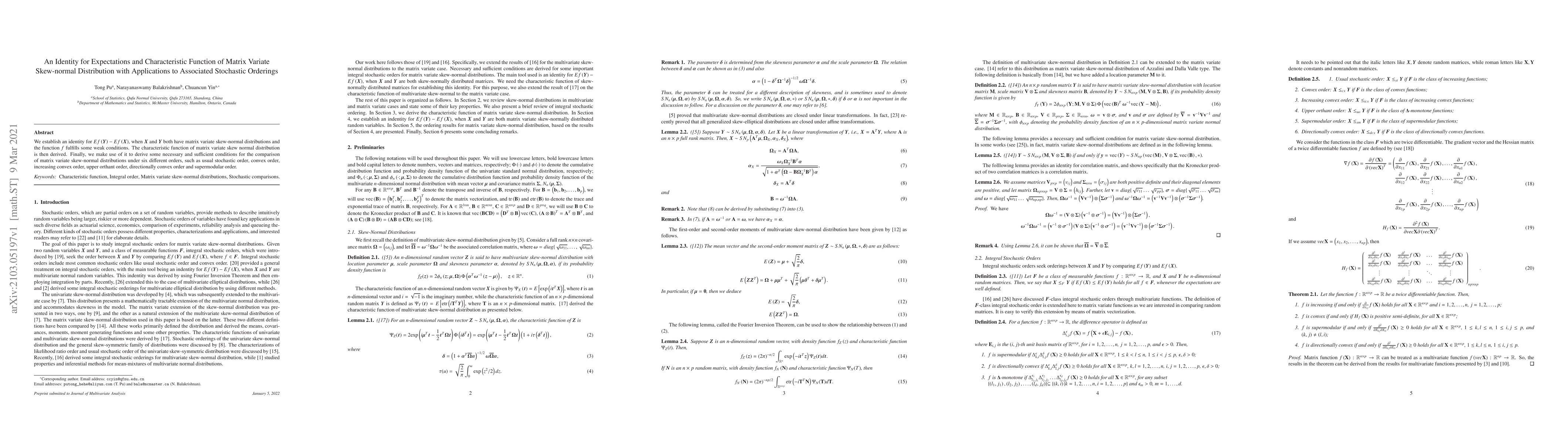 Thumbnail for An Identity for Expectations and Characteristic Function of Matrix
  Variate Skew-normalDistribution with Applications to Associated Stochastic
  Orderings
