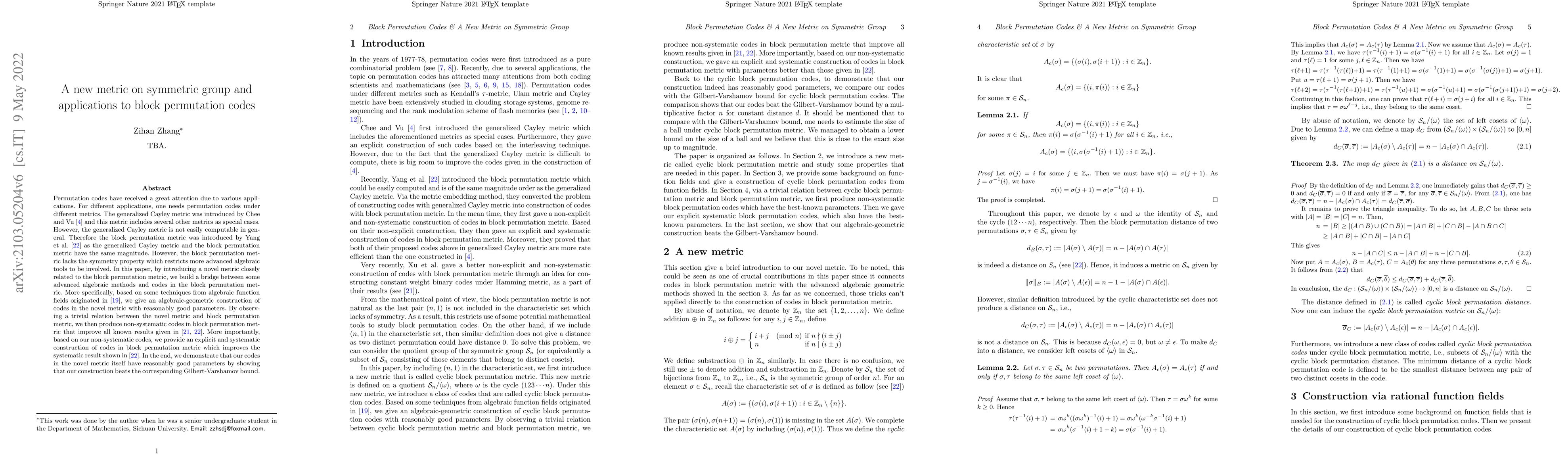 Thumbnail for A New Metric on Symmetric Group and Applications to Block Permutation
  Codes