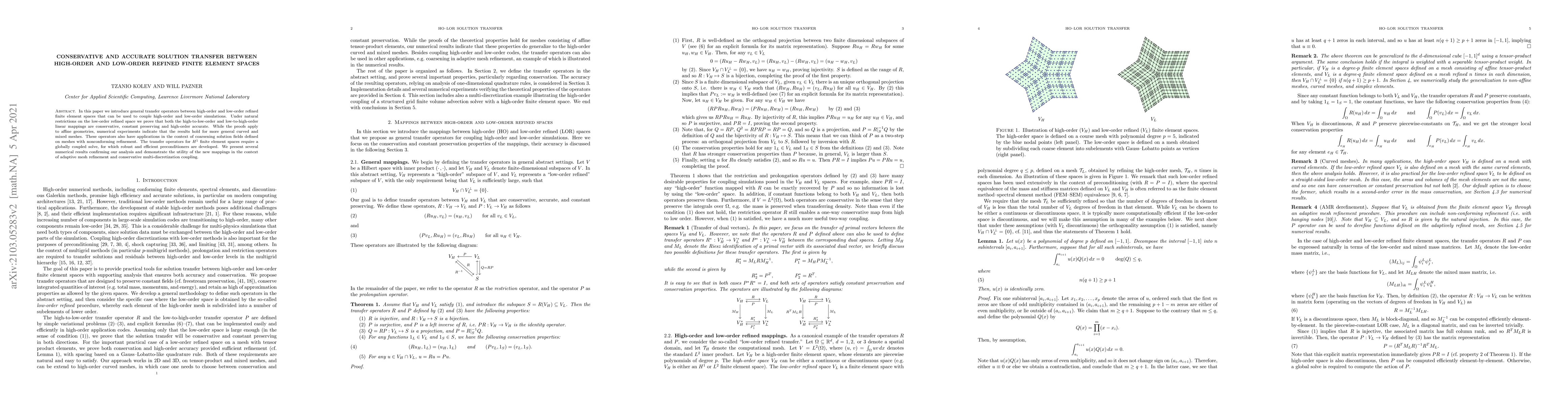 Thumbnail for Conservative and accurate solution transfer between high-order and
  low-order refined finite element spaces