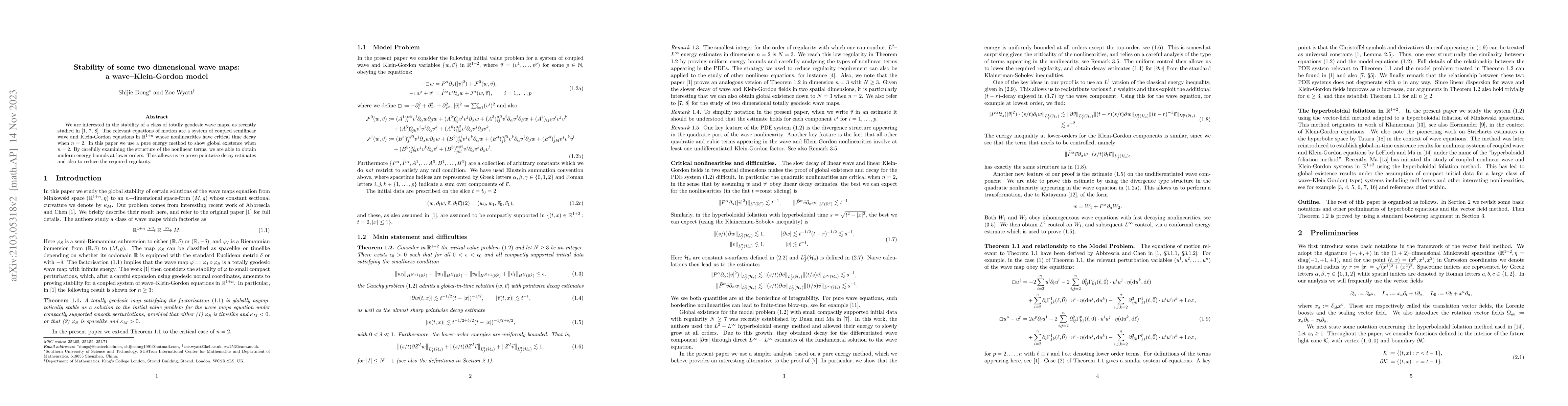 Thumbnail for Stability of some two dimensional wave maps: a wave--Klein-Gordon model
