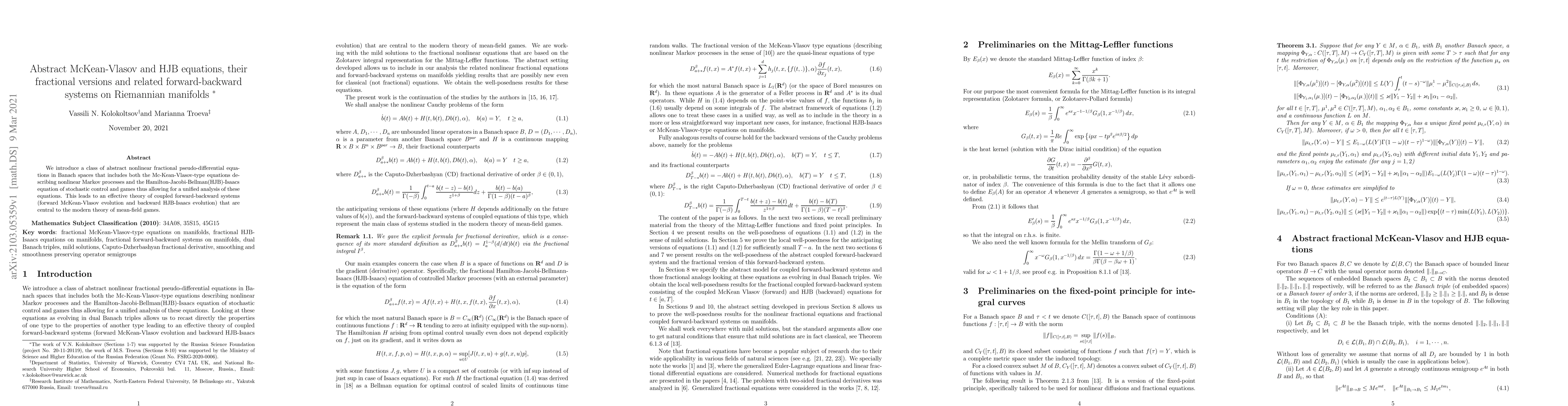 Thumbnail for Abstract McKean-Vlasov and HJB equations, their fractional versions and
  related forward-backward systems on Riemannian manifolds
