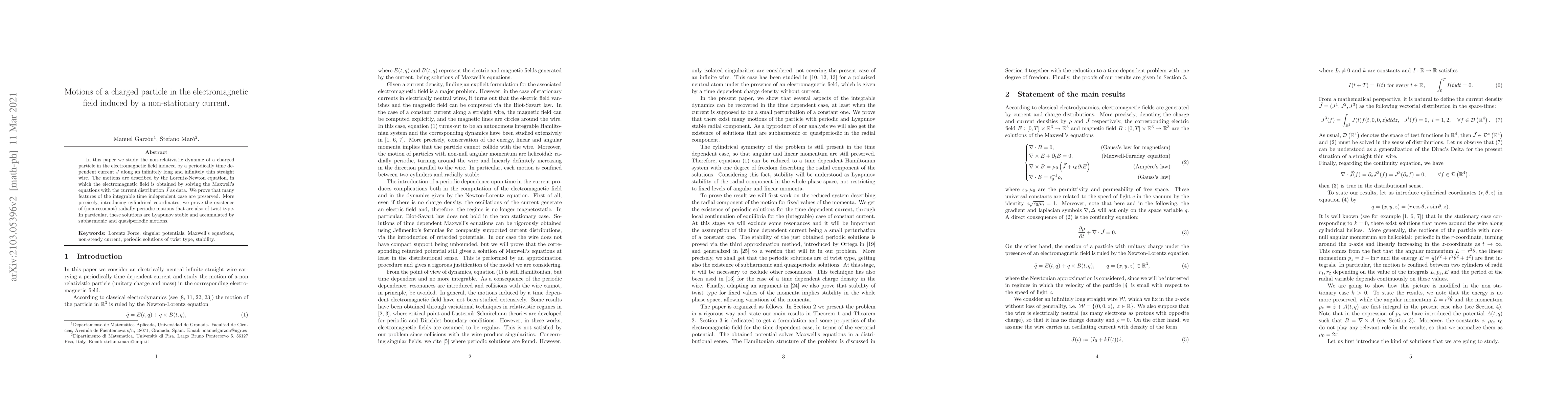 Thumbnail for Motions of a charged particle in the electromagnetic field induced by a
  non-stationary current