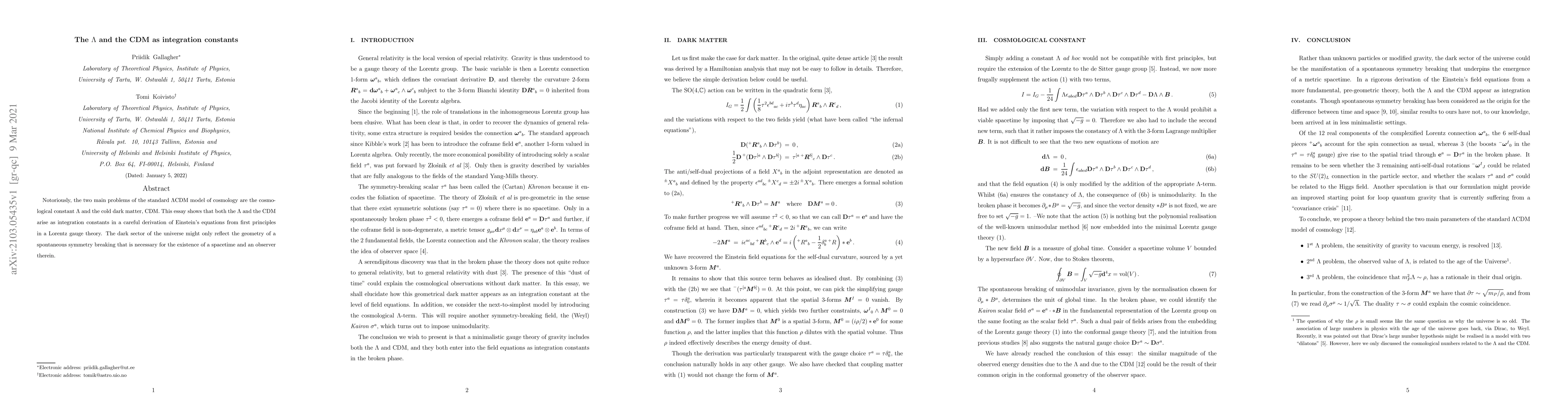 Thumbnail for The $\Lambda$ and the CDM as integration constants