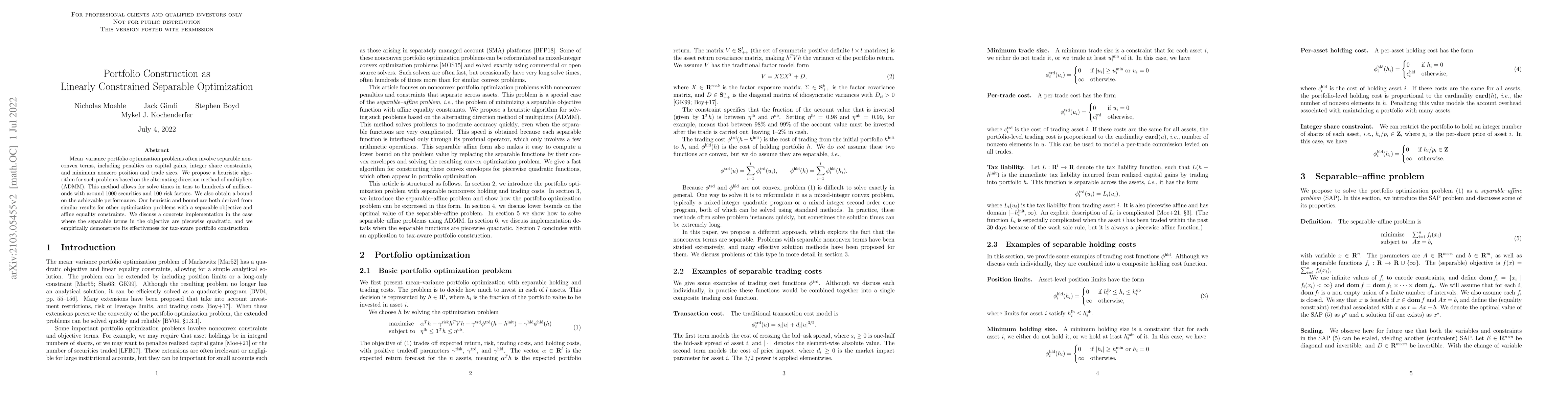 Thumbnail for Portfolio Construction as Linearly Constrained Separable Optimization