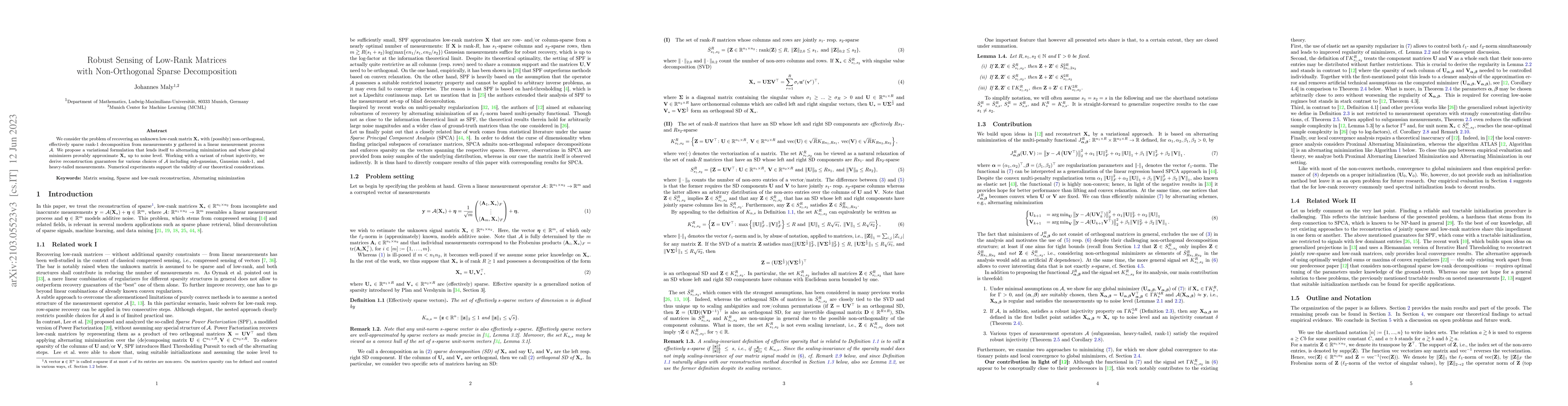 Thumbnail for Robust Sensing of Low-Rank Matrices with Non-Orthogonal Sparse
  Decomposition