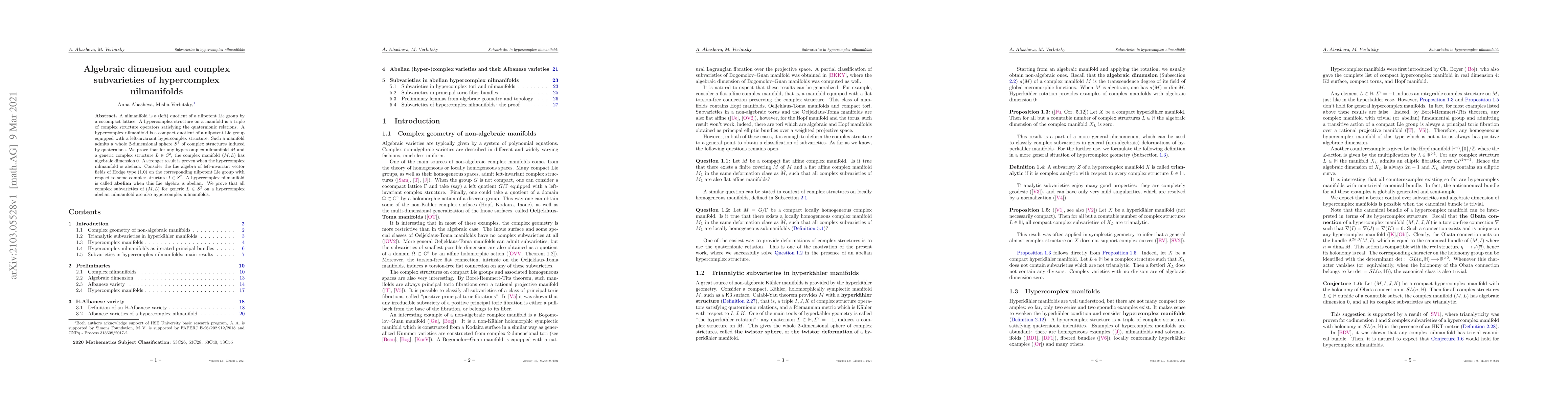 Thumbnail for Algebraic dimension and complex subvarieties of hypercomplex
  nilmanifolds