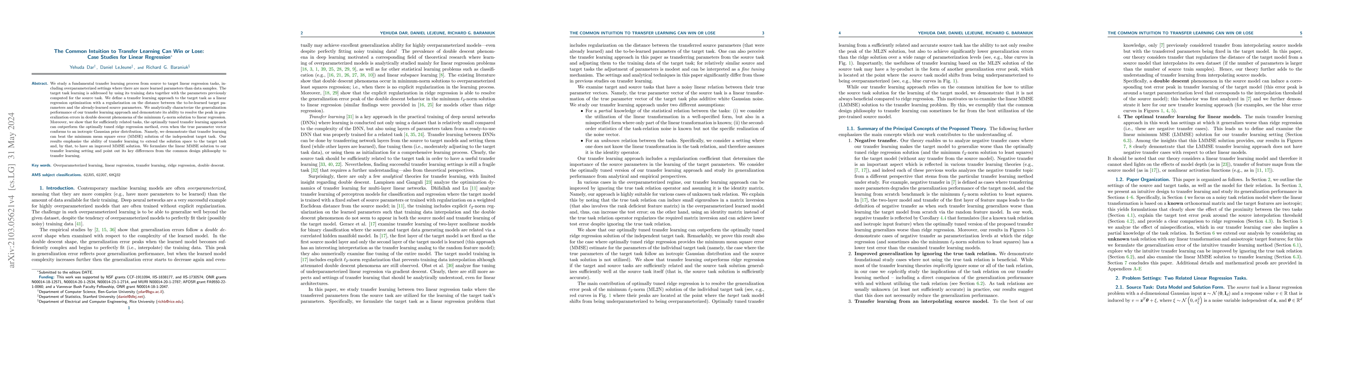 Thumbnail for The Common Intuition to Transfer Learning Can Win or Lose: Case Studies
  for Linear Regression