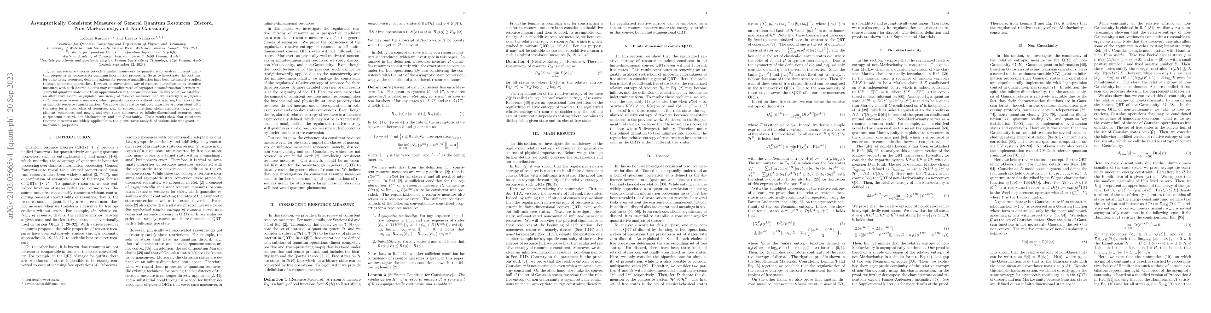 Thumbnail for Asymptotically Consistent Measures of General Quantum Resources:
  Discord, Non-Markovianity, and Non-Gaussianity