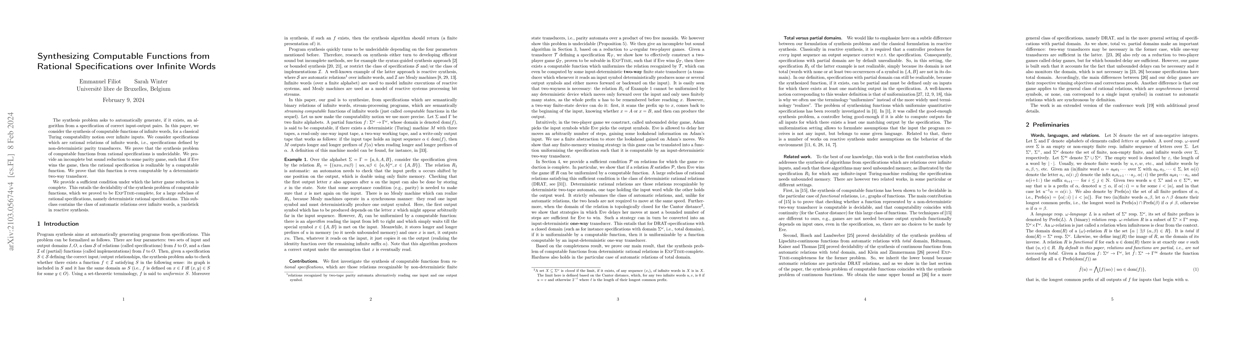 Thumbnail for Synthesizing Computable Functions from Rational Specifications over
  Infinite Words