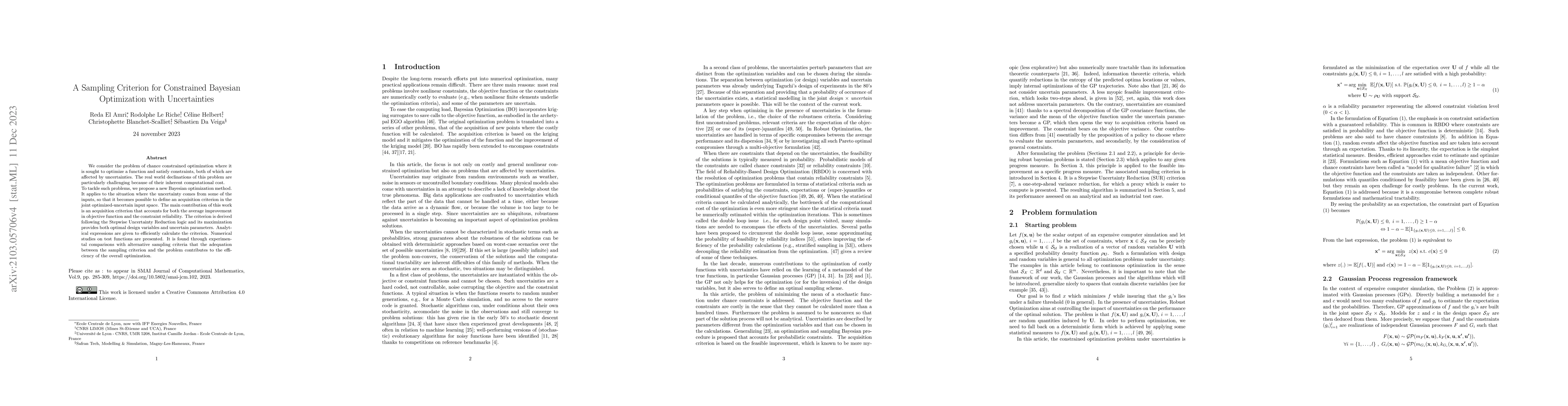 Thumbnail for A sampling criterion for constrained Bayesian optimization with
  uncertainties