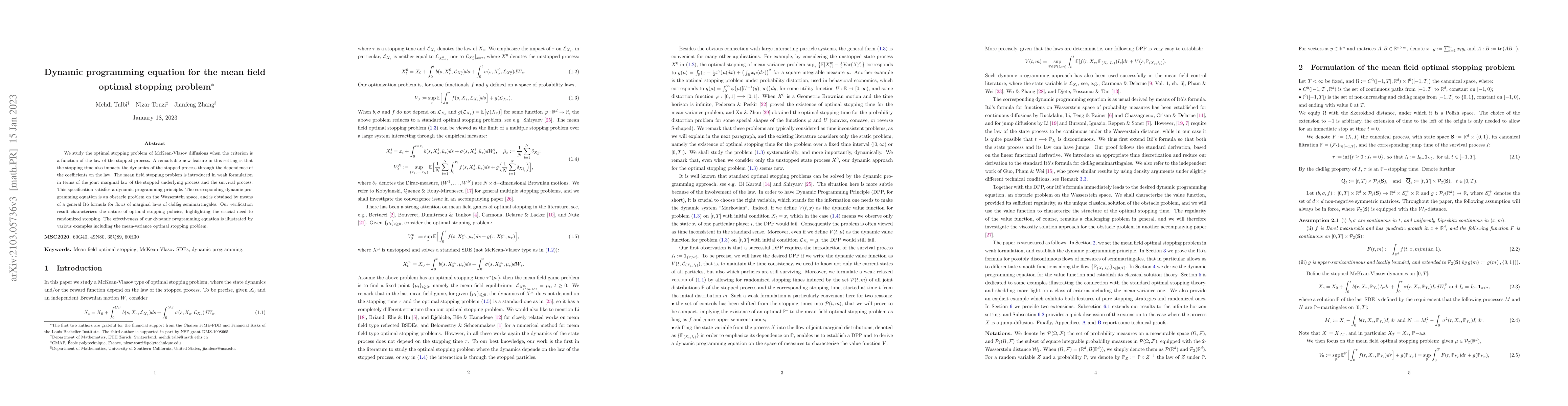 Thumbnail for Dynamic programming equation for the mean field optimal stopping problem