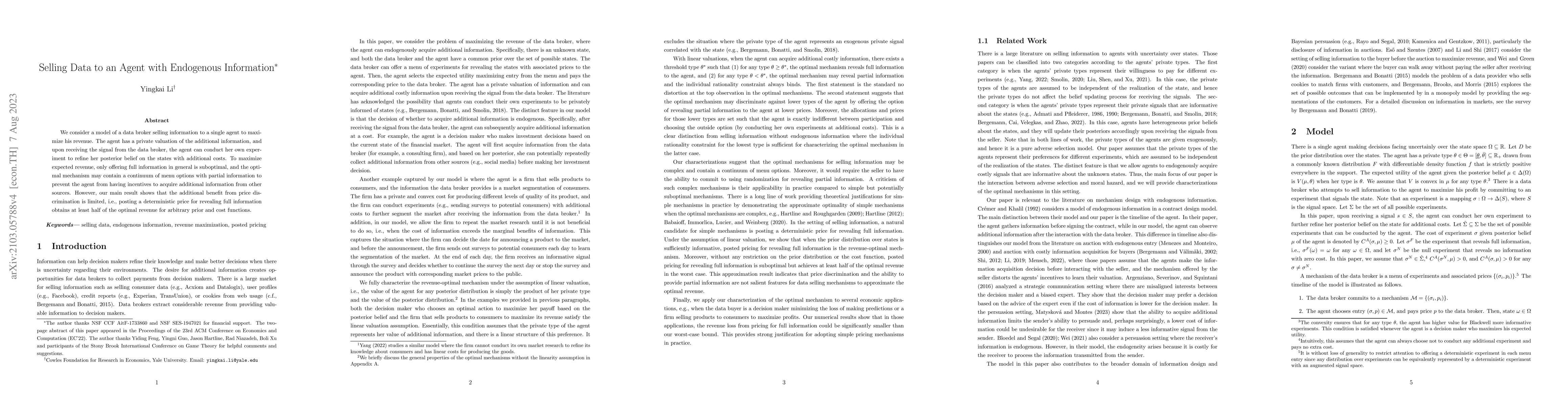 Thumbnail for Selling Data to an Agent with Endogenous Information