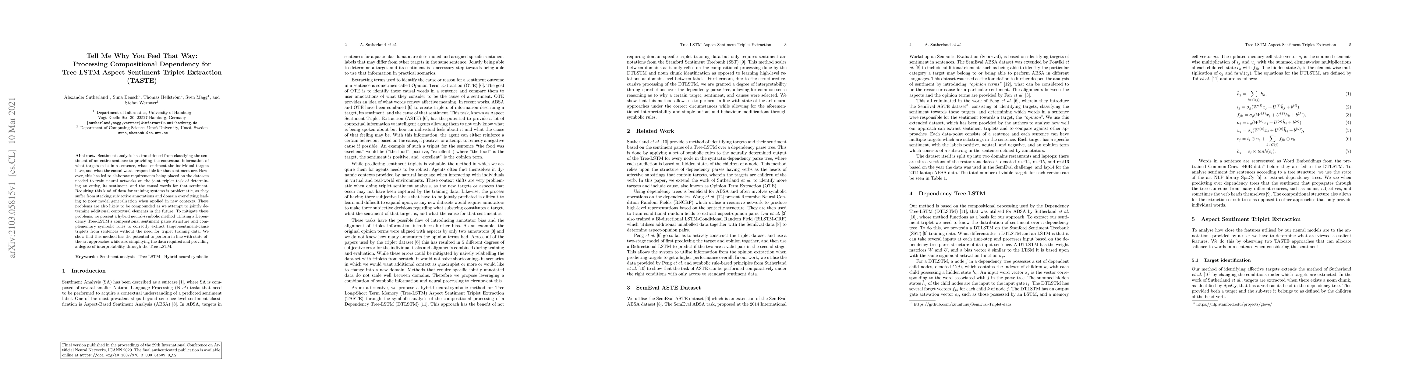 Thumbnail for Tell Me Why You Feel That Way: Processing Compositional Dependency for
  Tree-LSTM Aspect Sentiment Triplet Extraction (TASTE)