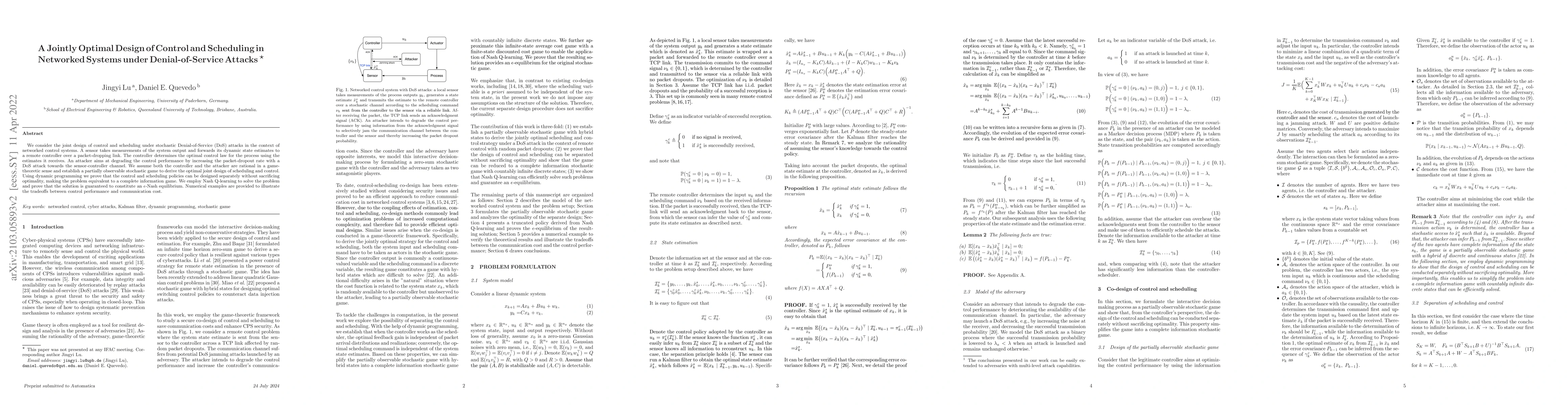 Thumbnail for A Jointly Optimal Design of Control and Scheduling in Networked Systems
  under Denial-of-Service Attacks