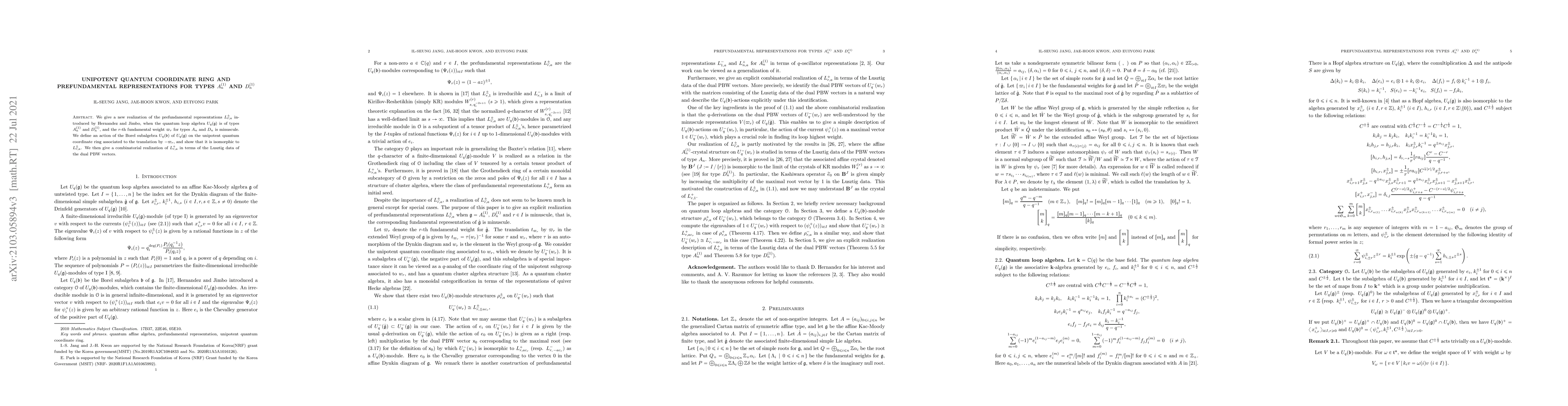 Thumbnail for Unipotent quantum coordinate ring and prefundamental representations for
  types $A_n^{(1)}$ and $D_n^{(1)}$