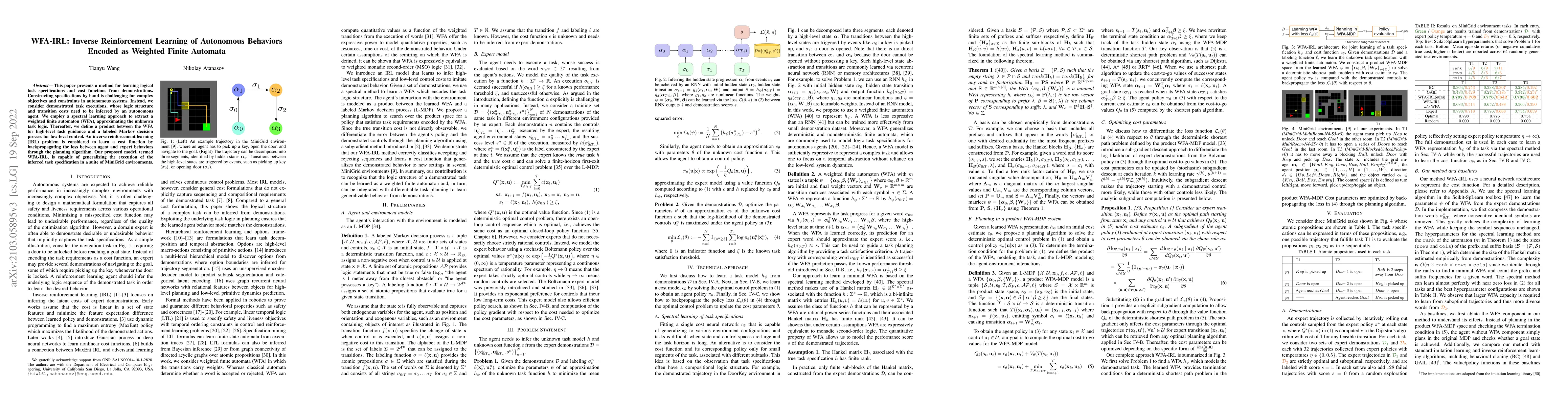 Thumbnail for WFA-IRL: Inverse Reinforcement Learning of Autonomous Behaviors Encoded
  as Weighted Finite Automata