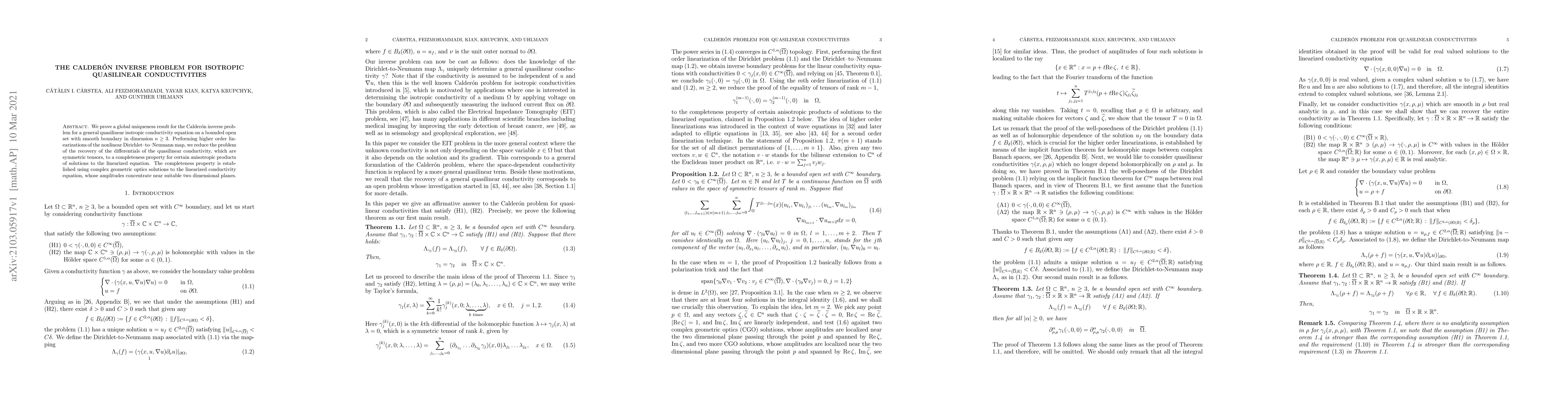 Thumbnail for The Calder\'{o}n inverse problem for isotropic quasilinear
  conductivities